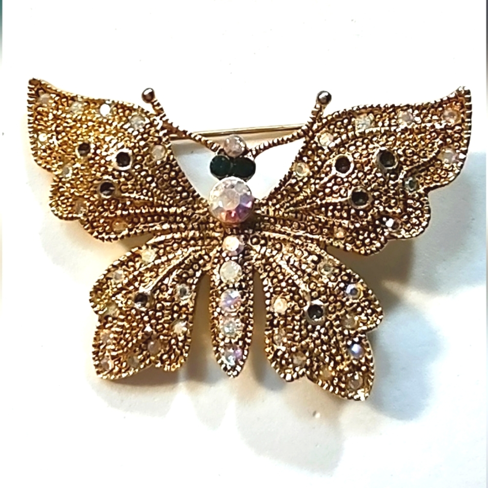 Emerald Green & AB Jeweled Gold Butterfly Brooch